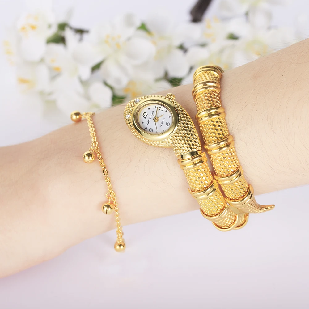 Geekthink уникальные модные кварцевые часы женские Змея Shaped Часы-браслет с бриллиантами Украшения роскошный цвет серебристый, золотой