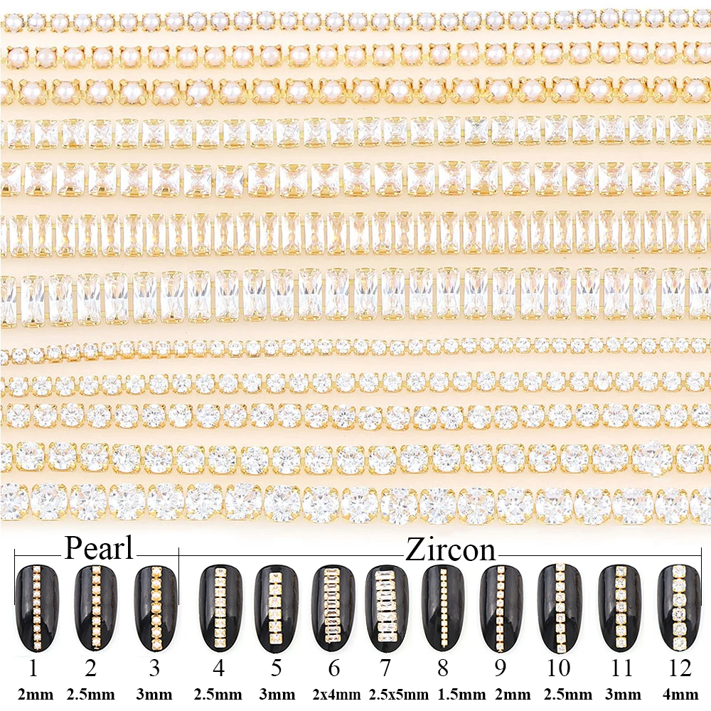 

9-10 CM Shiny Nail Zircon Chain Nail Art Gold Base Pearl Chain Phototherapy Nail Ornament Nail Art Decorations DIY Jewelry