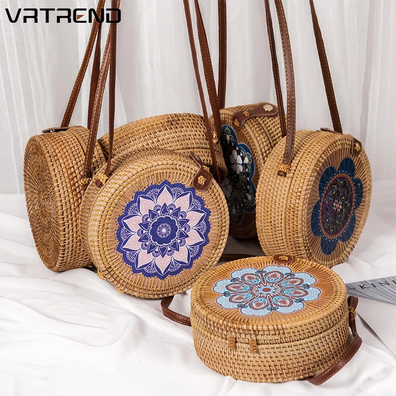 

VRTREND Print Floral Circular Rattan Bag Women Shoulder Bag Handmade Casual Straw Handbag Summer Female Beach Tote bolsas