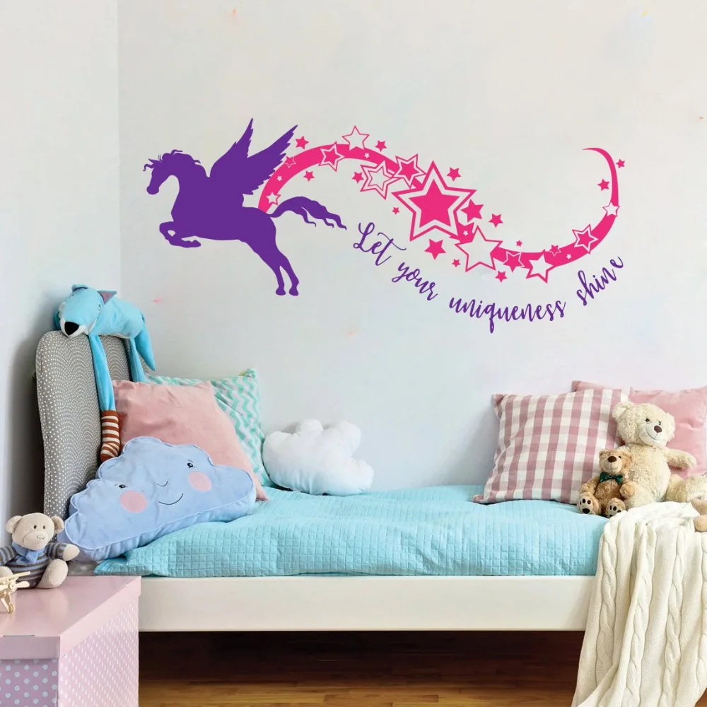 Large Unicorn Let You Shine Quote Star Rainbow Wall Decal Nursery Kids Room Horse Pet Star Inspirational Quote Wall Sticker Art (4)