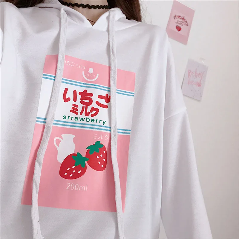 Японский каваи стиль клубника печати розовый балахон Женская Осень Harajuku сладкий с длинным рукавом милые толстовки Одежда Топы