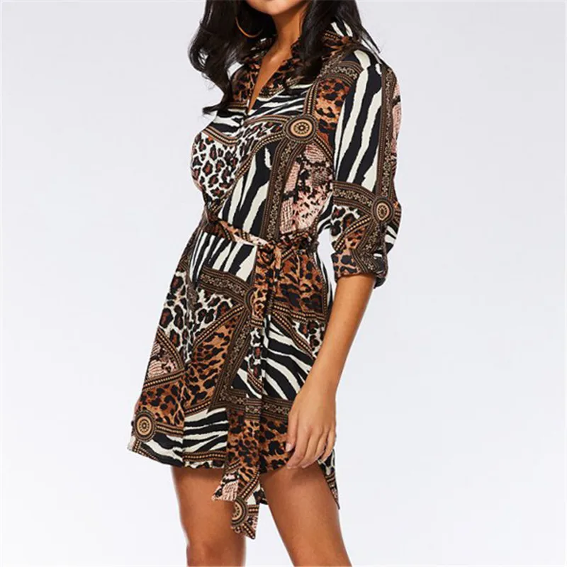 Платье-рубашка с леопардовым принтом женское Короткое платье в стиле пэчворк с длинным рукавом винтажные осенние вечерние платья мини с поясом