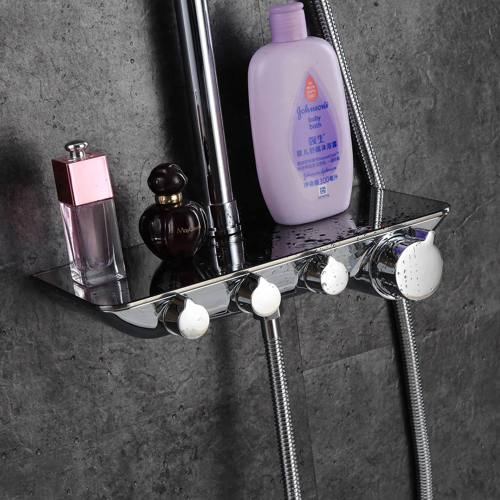 Shower Faucets Brass Chrome Faucet Square Tube Single Handle Top Rain Shower With Slide Bar Wall Water Mixer Tap 883211L