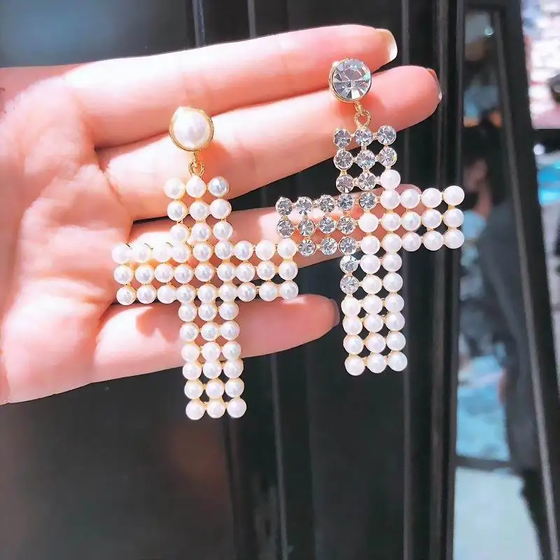

2019 New Cross Big Earrings For Women Korean Simulated Pearl Beads Rhinestone Statement Earrings Jewelry