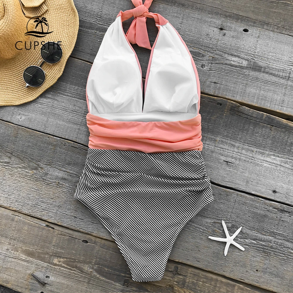 Preise CUPSHE Halten Sie Accompained Streifen einteiliges Badeanzug V neck Backless Halter Sexy Bikini 2020 Damen Strand Bade Bademode
