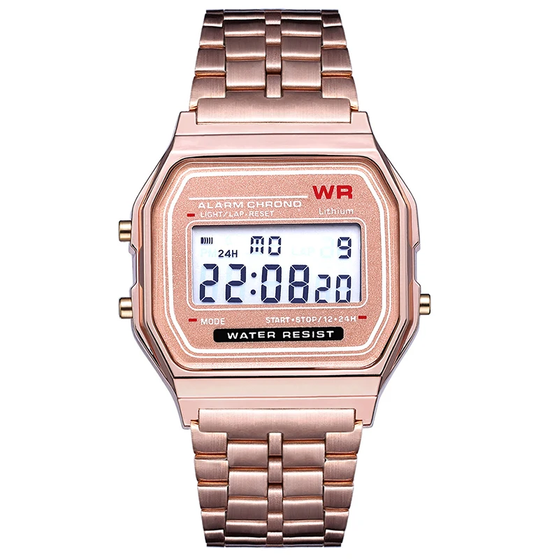 Ретро часы из нержавеющей стали с ЖК-дисплеем, цифровые спортивные часы с секундомером, светодиодный, Женские электронные часы, элегантные мужские и женские часы - Цвет: Розовый