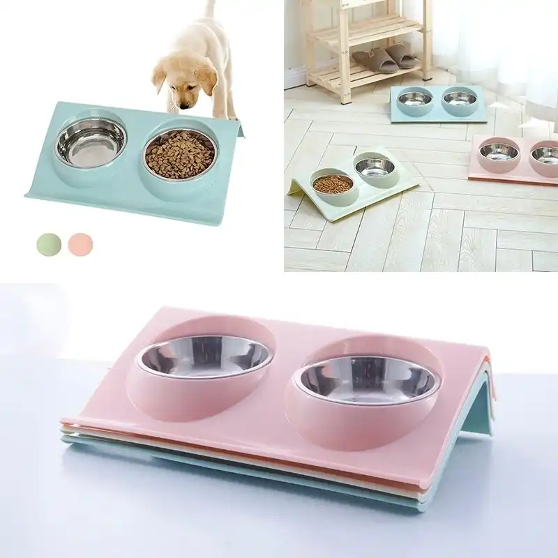 Double Dog Bowl Pet Feeding Station Stainless Steel Water Food