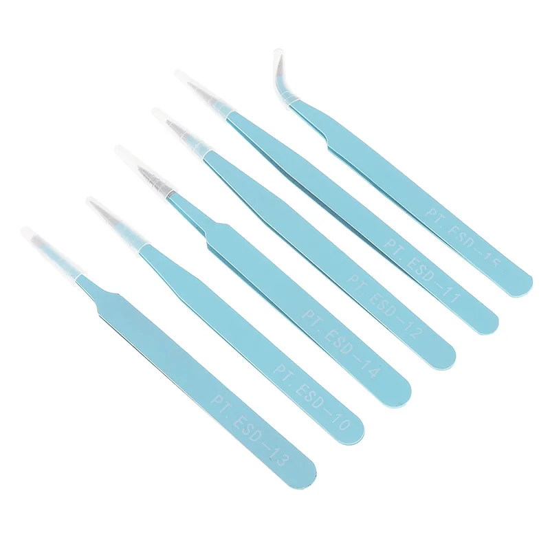 6pcs/lot Precision Tweezers Set 116mm-133mm Anti-Static Stainless Steel Tweezers for Craft, Jewelry, Electronics, Laboratory - Тип головки пинцета: Blue