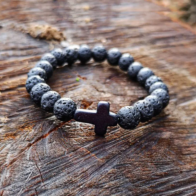 Charm Natural Stone Bracelet Cross Black Lava Matte Beaded Bracelets Handmade Men Women Prayer Fitness Chain Couple Jewelry Gift