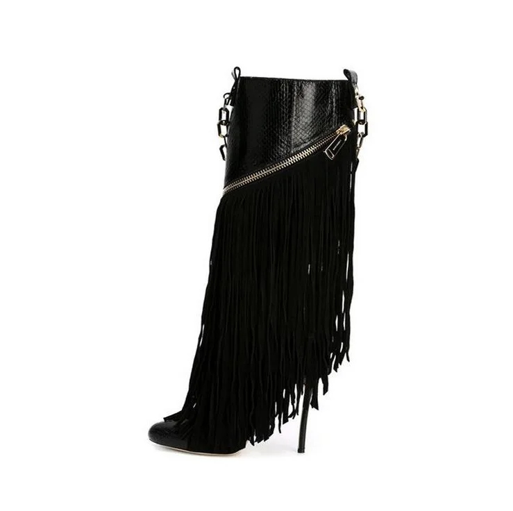 Hot-Selling-Black-Snakeskin-Boots-Fringe-Chain-Decor-Women-Winter-Boots-Patchwork-Zipper-Tassel-Meatl-Decoration