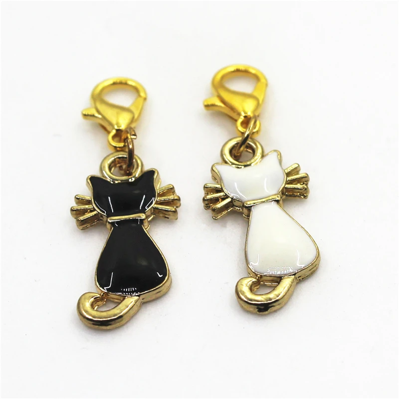 Hot Selling 50pcs Black white cat charms lobster clasp charm dangle