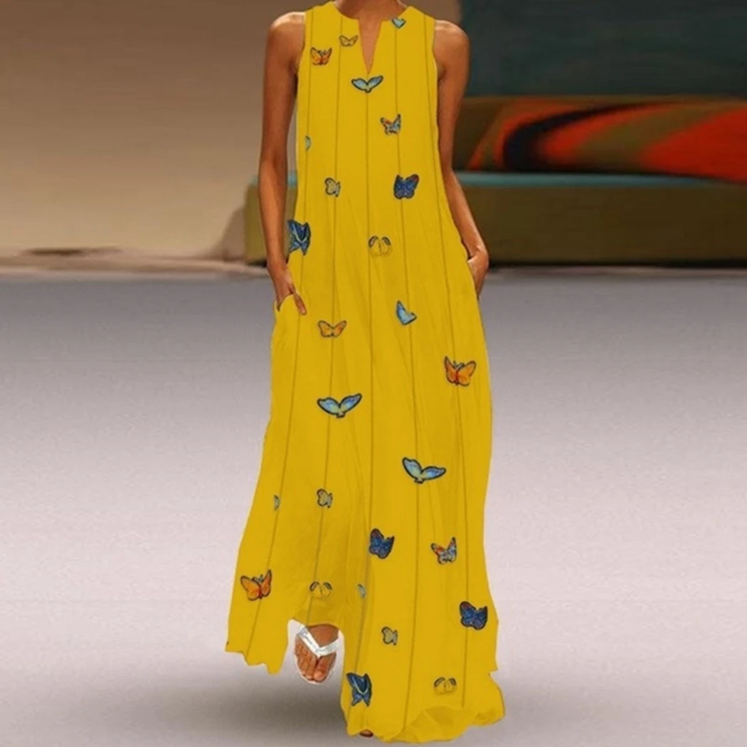 

Casual Boho V Neck Pocket Loose Dresses Women Vintage Butterfly Print Maxi Dress Fashion Sleeveless Beach Long Dress Sundress
