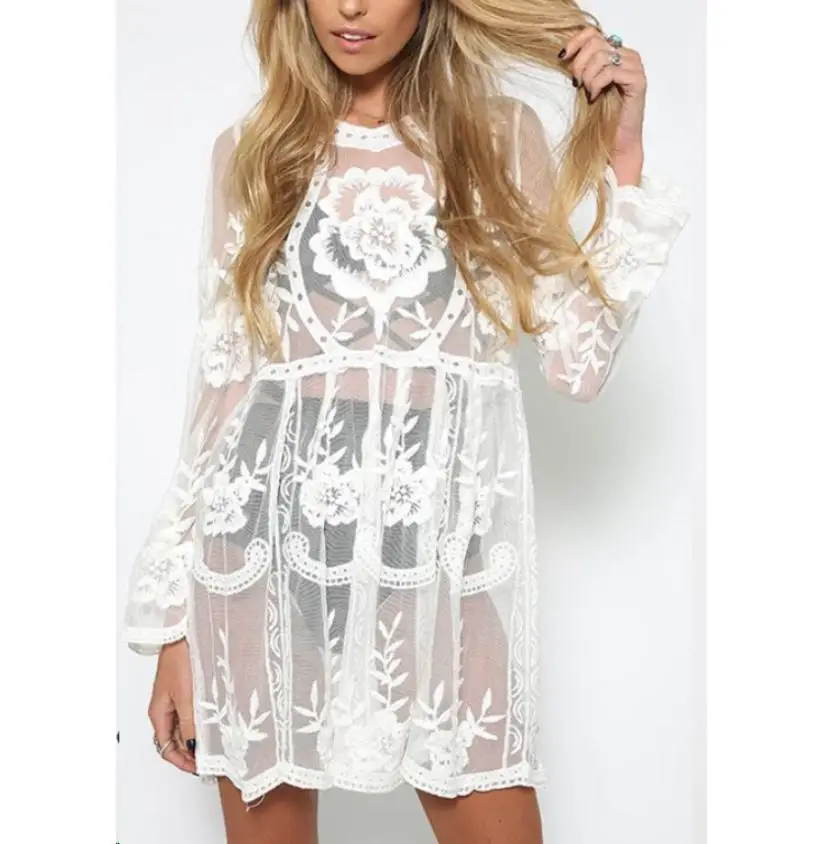 

Sexy Swimwear Women Bathing Suit 2017 Lace Crochet Bikini Cover Swimwear Cover Up Long Sleeve Beach Dress