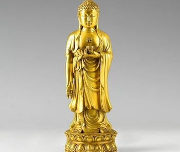 

Tibet Buddhism Pure Brass Copper Temple Stand Sakyamuni Buddha Hold Lotus Statue