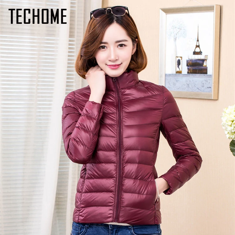 

TECHOME 2017 Woman Coat Ultra Light Down Jacket Women Short Coats Stand Collar Plus Size 4XL With Carry Bag girl Duck Down Coat