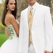 Горячая OneButton notcut лацкан Золотой жилет галстук белая куртка Модные мужские английские костюмы высокого качества Свадебный мужской костюм