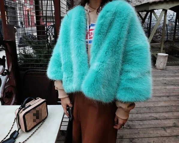 Azzurro Lungo Elegante Giacche Faux Cappotto Hairy Collo Di Invernali Shaggy Cielo Pelliccia Manica Allentato Breve Volpe Lunga O Donna qB1BwTAnEg