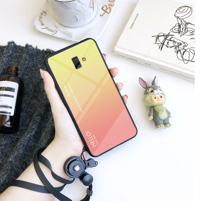 Tempered Glass Case for Samsung Galaxy J6 Plus J6+ Gradient Color Hard Back Cover Soft Silicone Bumper For Samsung J6 Plus Case