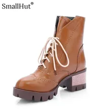 PU High Thick Heel Ankle Boots Women Autumn Ladies Round Toe Shoes New 2019 E076 Fashion Leather Woman Black Red Lace Up Boots new genuine leather lace up high heels ankle boots woman wedding party dress shoes square toe ladies fashion boots black red