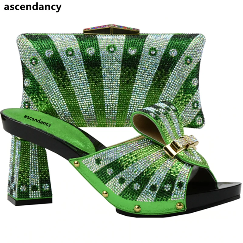 

Green Color Italian Shoes with Matching Bag Set Decorated with Rhinestone African Shoe and Bag Set for Party In Women Italy Shoe