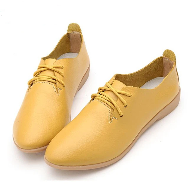 yellow SNURULAN/женские туфли-оксфорды из спилка; Повседневная обувь для медсестры с острым носком; сезон осень; женские кожаные лоферы на плоской подошве; - Цвет: yellow