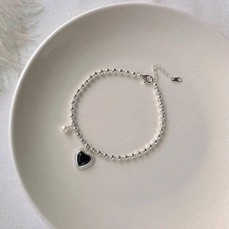 

2019 New 925 Sterling Silver Stone Pearls Heart Bracelets Black Heart Big Round Bead Bracelets For Women Jewelry Gifts