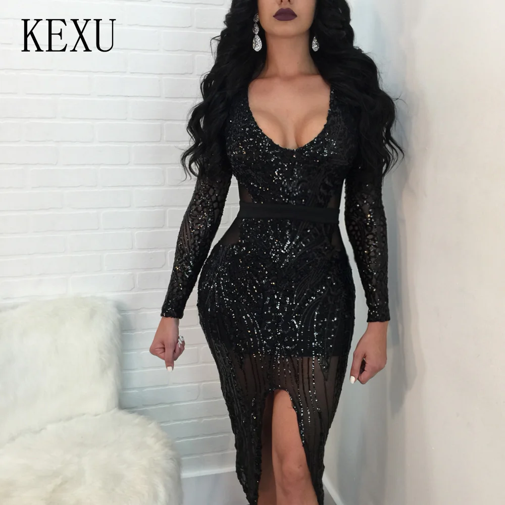 KEXU Fashion Party Club Transparent Glitter Sequin Bodycon Bandage Dress Sexy V Neck Hollow Out High Slit Slim Summer Dresses