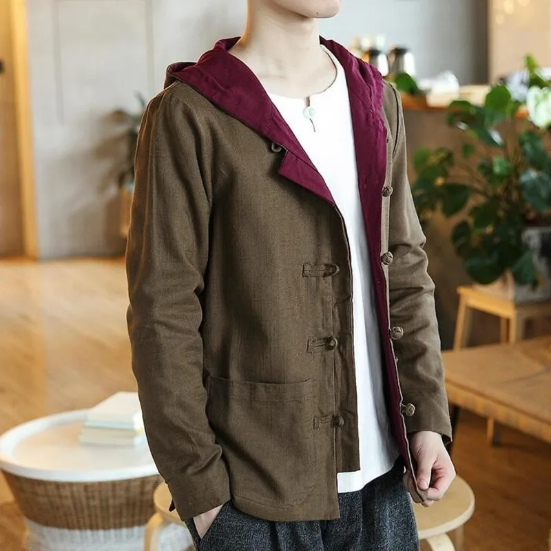 #4311 Spring Autumn Chinese Style Vintage Linen Coat Men Plus Size M-5XL Hooded Streetwear Kimono Jacket Men Single Breasted