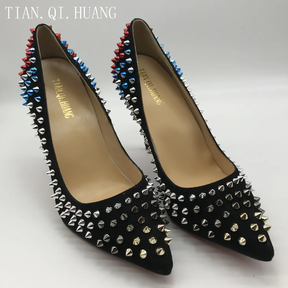 2017 New arrival Genuine leather colorful Rivet Fashion High Heels New Styles Suede Pumps Women Sexy Shoes