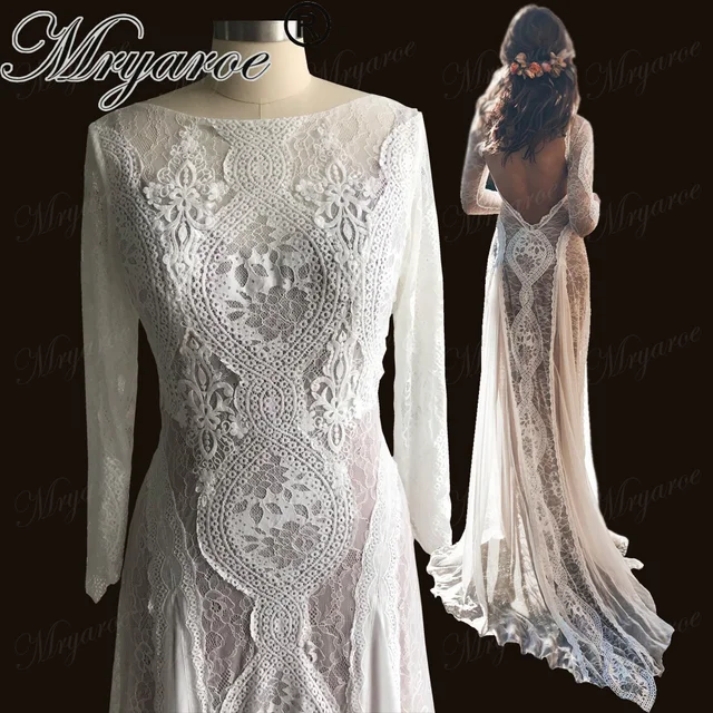 Mryarce Lace Bohemian Wedding Dress Stretchy Long Sleeve Open Back Mryarce Lace Bohemian Wedding Dress Stretchy Long Sleeve Open Back Boho Chic Chiffon Flowing Bridal Gowns
