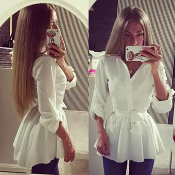 

Women Long Sleeve Button Down Shirt Princess Blouse Top Casual with Belt