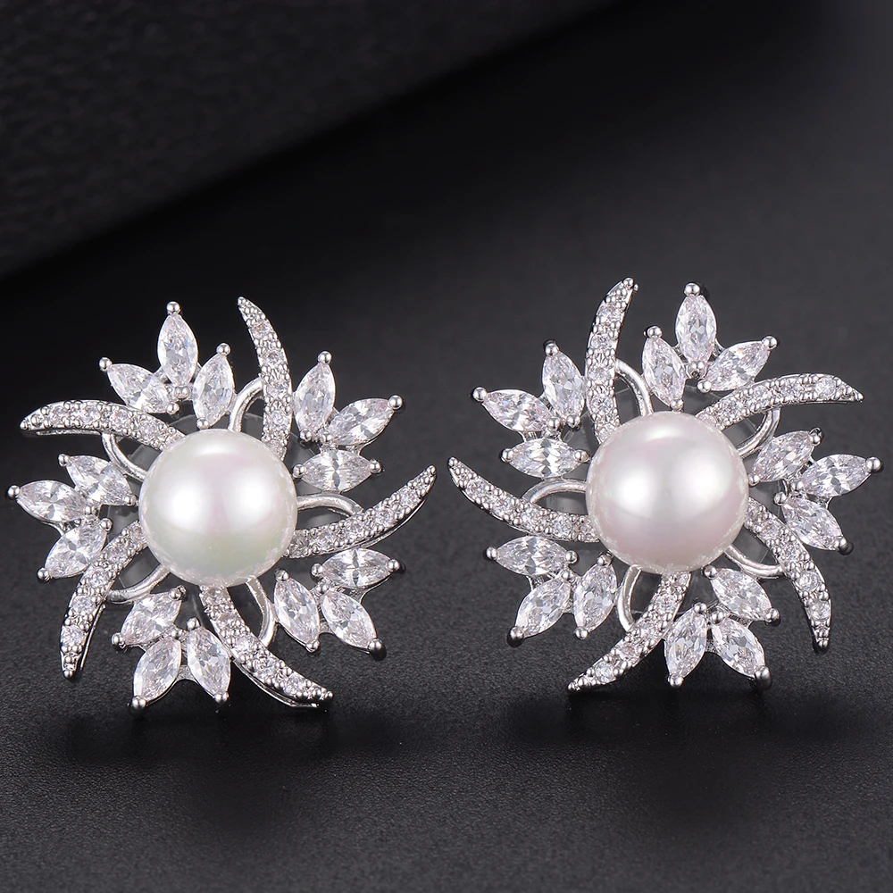 

GODKI 22mm Wheel Flower Imitation Pearl Fashion Cubic Zirconia Women Engagement Party NightOut Bridal Wedding Earrings for Women
