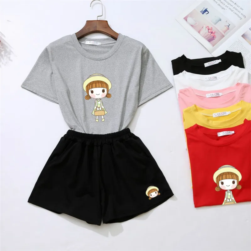 

2019 Women Two Piece Set Short Sleeve T-shirt Shorts Round Neck Female Summer Harajuku Lovely Girl Print Outfits Clothes Suit