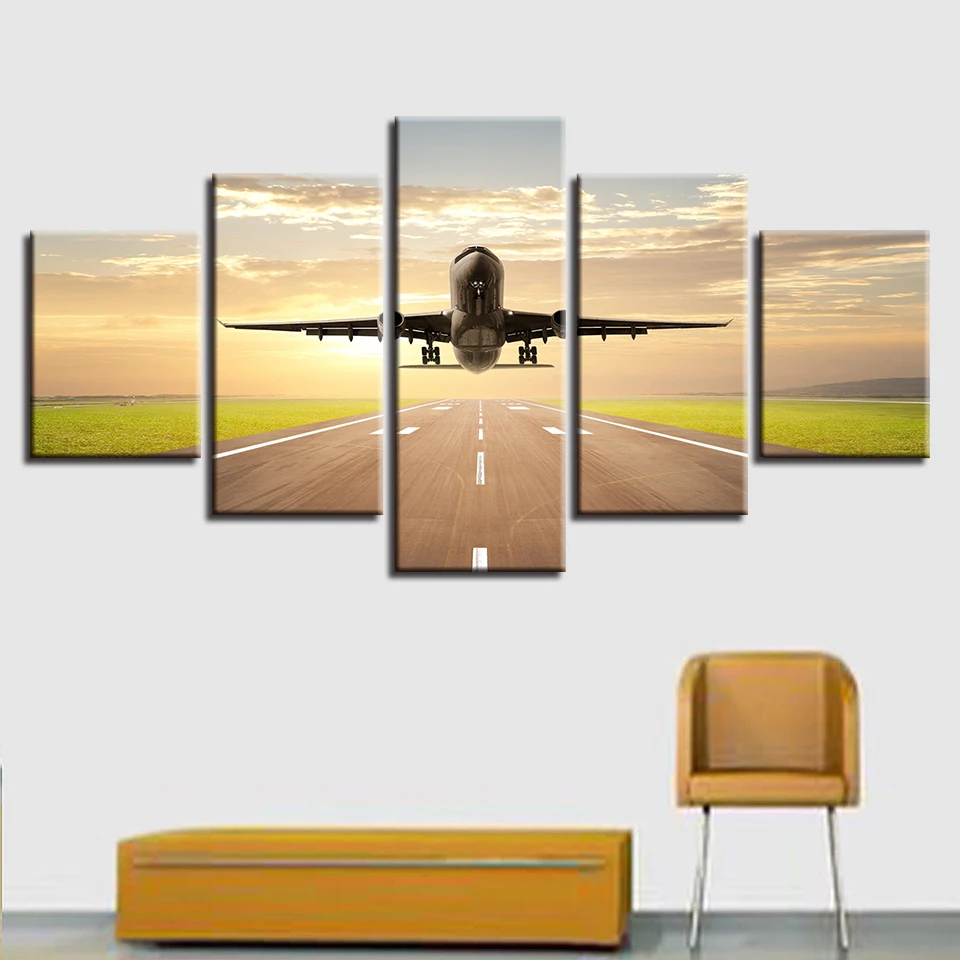 

Canvas HD Print Pictures Wall Art Framework 5 Piece Plane Landscape Painting Aircraft Take Off Poster Home Decor For Living Room