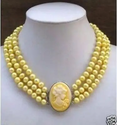 

Fast SHIPPING 3Row Yellow Pearl Necklace Cameo Beauty Clasp NEW