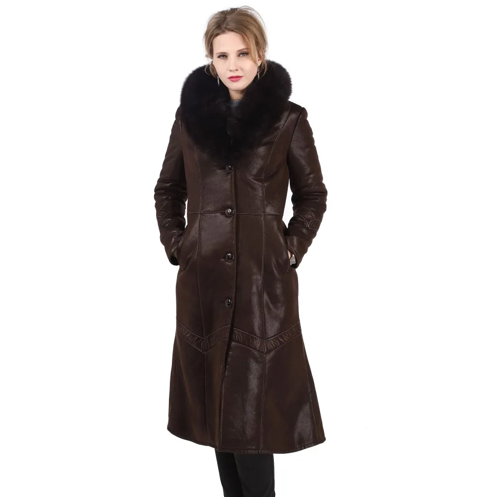 

Hot Winter Warm Elegant Faux Fur Coat With Real Fox Fur Collar Female Slim Fit Long Style Button Fur Coat With Wave Cut Hem