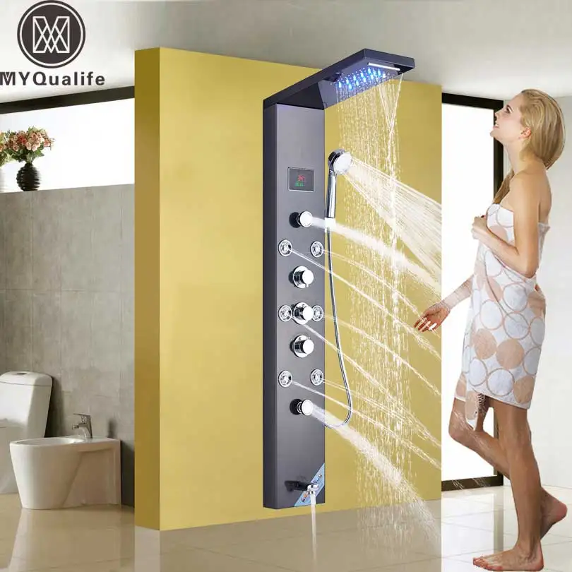 bañera Happybuy para casa ducha de mano jarra Panel de ducha con sistema de torre de acero inoxidable multifunción con boquilla para cascada de lluvia hotel resort masaje 