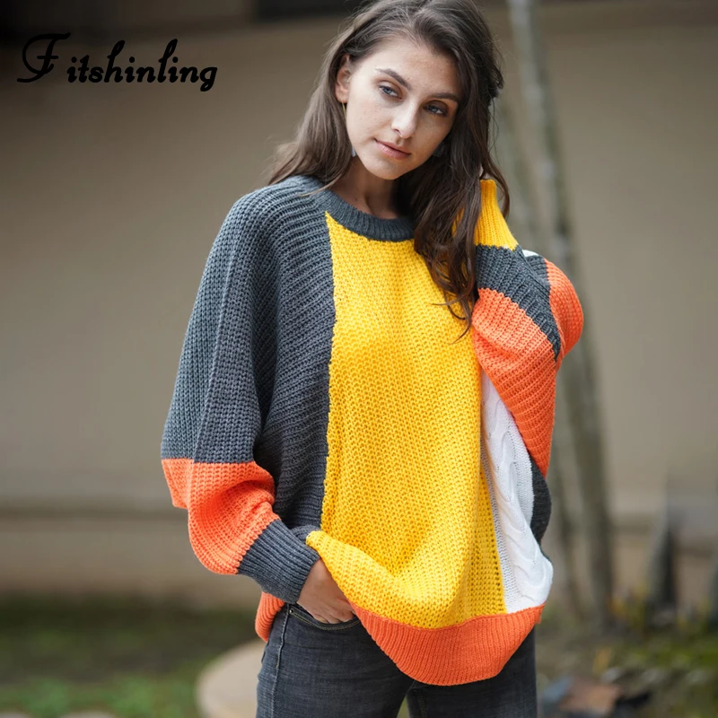 

Fitshinling Contrast Color Patchwork Pullovers Sweaters Women Winter 2019 Twist Batwing Sleeve Loose Jumper 2019 New Pull Femme
