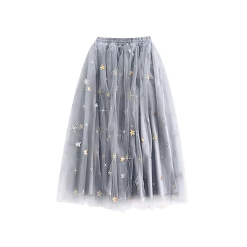 

New Stars Appliques Autumn Female 2018 Mesh Gauze Skirt Slip Skirt Mesh Half Slips Intimates