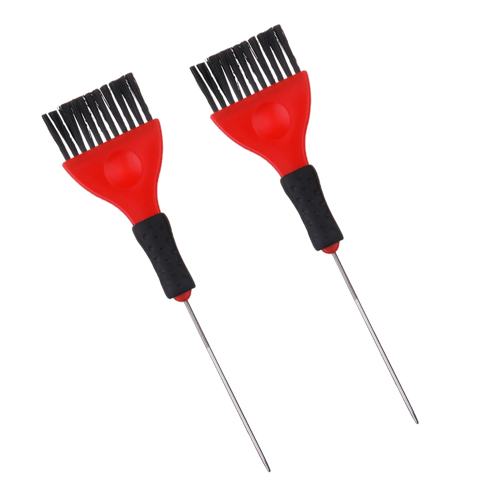 2 Pieces Hair Tint Brush with Metal Pin Tail, Red & Black, Long Handle, Professional Barber Salon Hair Dye Applicator Brushes