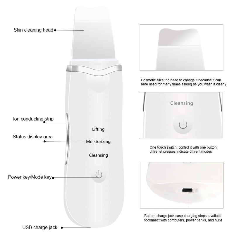  Ultrasonic Ultrasonic Scrubber Skin Spatula Peeling Shovel Facial Pore Cleaner Blackhead Remover Fa