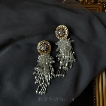 

doors elegant pearl tassel bright drill retro hollow out round button earrings exaggerated long female 925silver