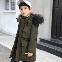 Boys Winter Jacket Goose Down Coat Kids Warm Clothes-30 with Fur Hooded Long Parks Big Boy Children Outerwear 8 10 12 14 year