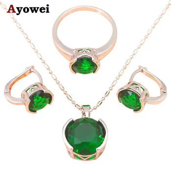 価格 女性のためのシルバー充填ジュエリーセットイヤリングネックレスリングジルコンオーストリアペリドットクリスタルリング USA #7 #8 JS412A