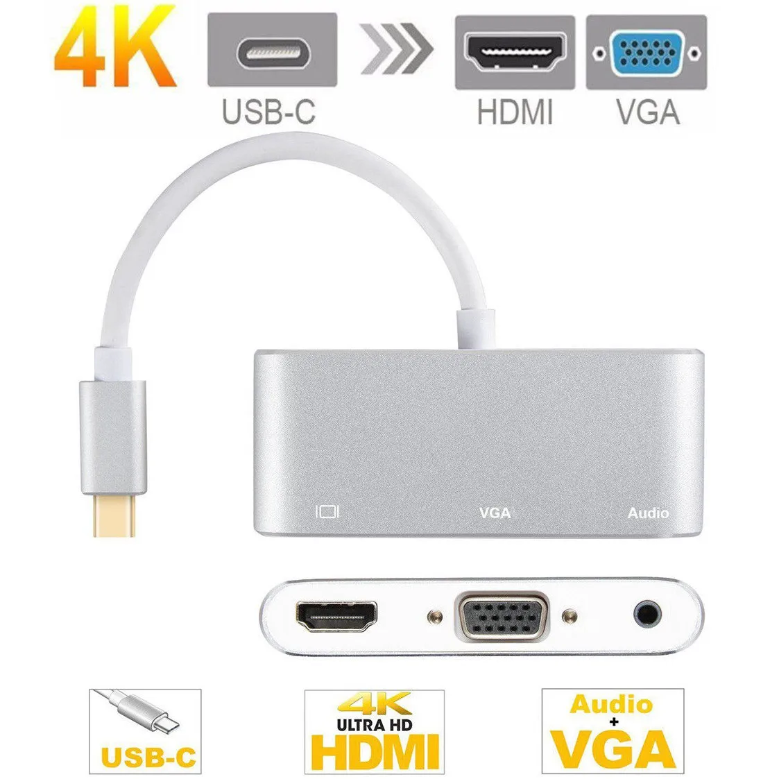 Type-C к HDMI VGA 3,5 мм аудио адаптер 3в1 USB-C конвертер кабель концентратор Hi-speed аксессуары для ноутбуков usb разветвитель порт для ПК