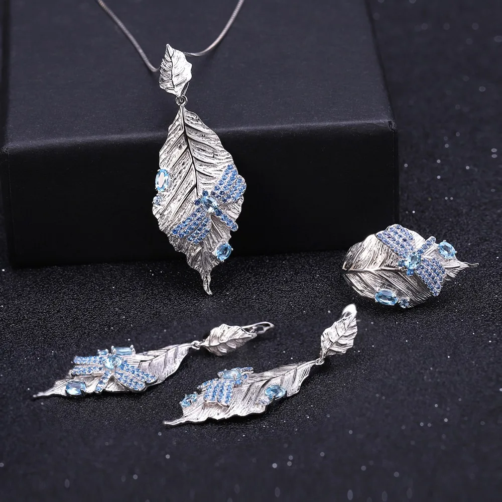 GEM'S BALLET, 1.57Ct, натуральный Швейцарский Голубой Топаз, серьги, настоящее 925 пробы, серебро, ручной работы, листья, стрекоза, висячие серьги для женщин