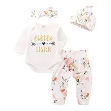 Для маленьких девочек осенне-зимняя одежда длинный рукав Стрелка Комплект: комбинезон с длинными рукавами+ штаны с цветочным принтом, 4 предмета в комплекте