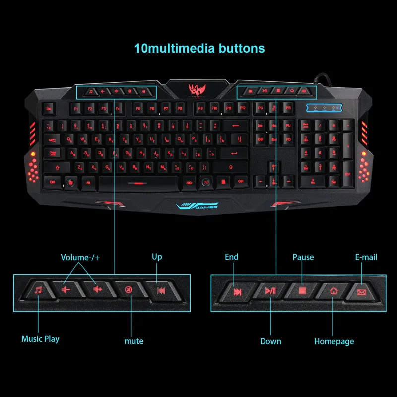  Russian Version Gaming Keyboard Gamer 3color Switchable Backlights LED USB Wired Game Keyboard for 