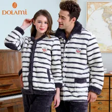 Classic Striped Couple Pajamas Long Sleeve Warm Coral Fleece Lovers Pyjama Sleepwear Winter Mens & Women Lovely Sleep Lounge Set