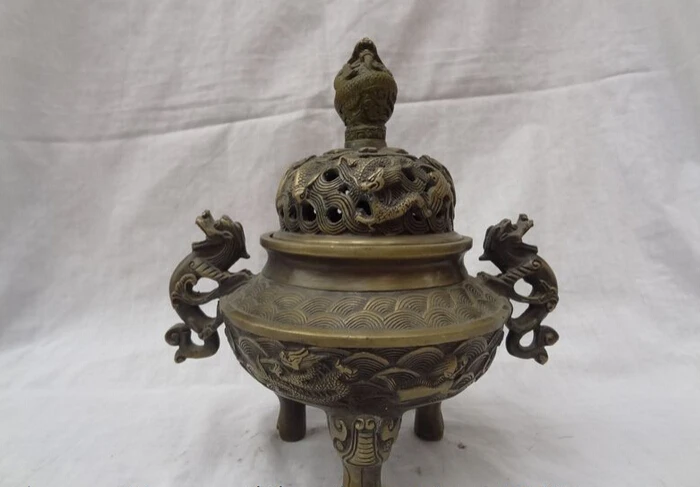 

S4651 8" Chinese Buddhism Bronze Dragon Head Lion Statue Tibetan Incense Burner Censer D0317